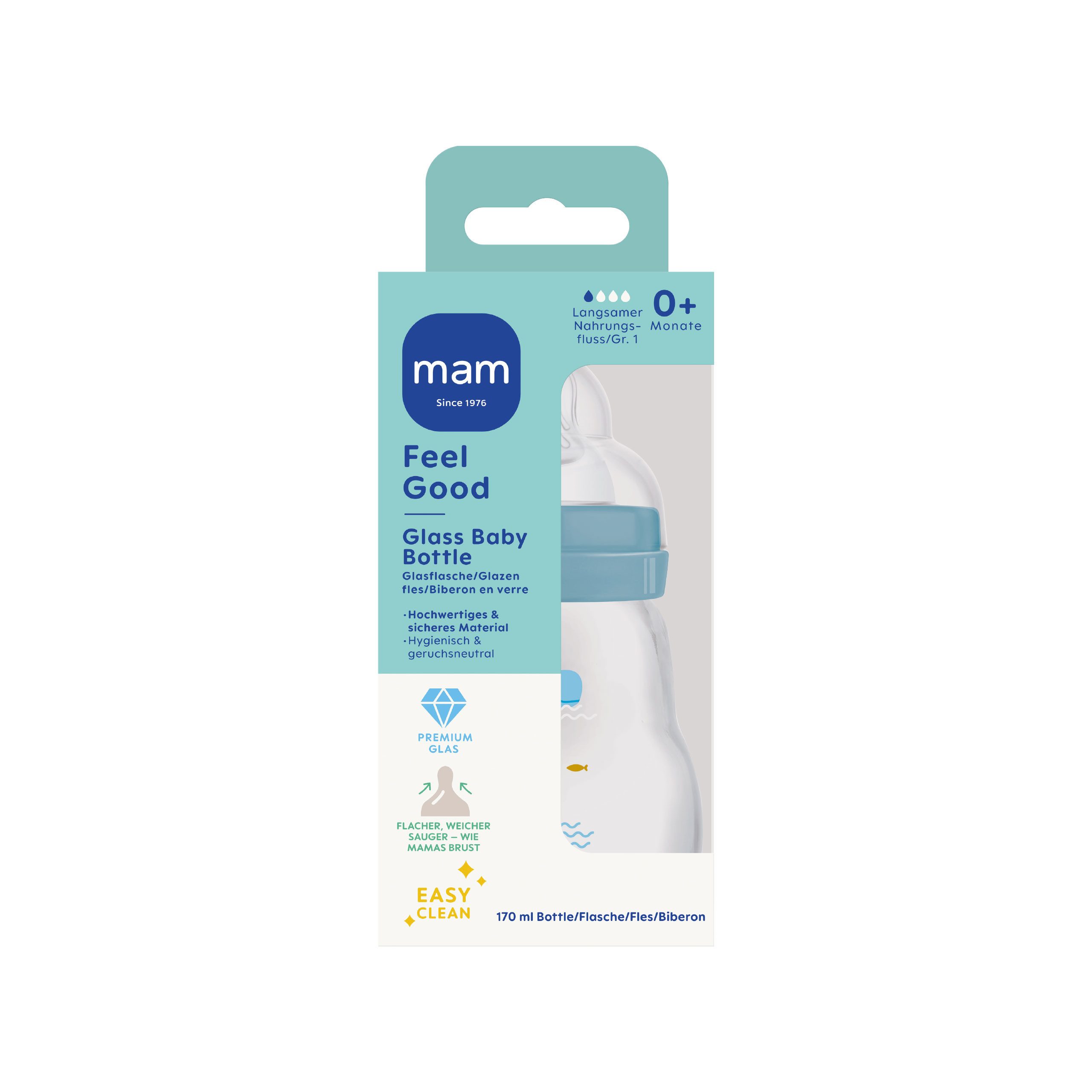 MAM Babyflasche Glasflasche Feel Good Matt, mit Skin Soft Anti-Kolik Silikon Weithals Trinksauger