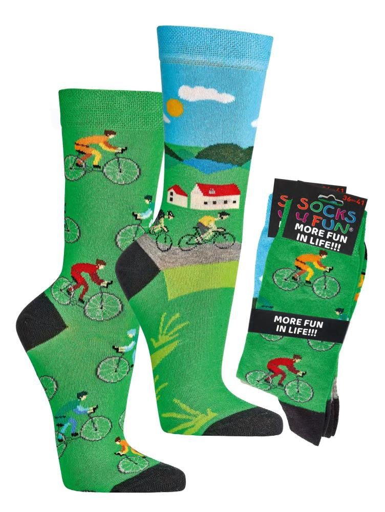 FussFreunde Freizeitsocken 2 Paar Fun Socken, über Socken, Spaß Radsport 70 Motive, mit ANTI-LOCH-GARANTIE