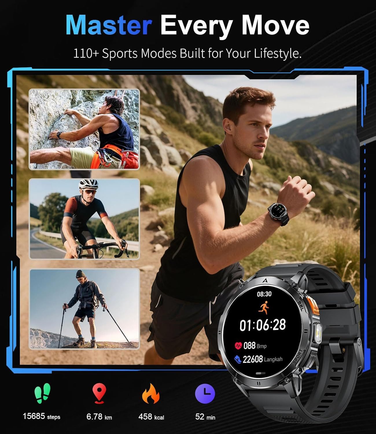 Zevelora Herren's AMOLED Telefonfunktion, 3ATM Wasserdicht Fitness Tracker Smartwatch (1.62 Zoll, Android/iOS), mit 110+ Sportmodi Fitnessuhr, 24/7 Herzfrequenz/Schlafmonitor