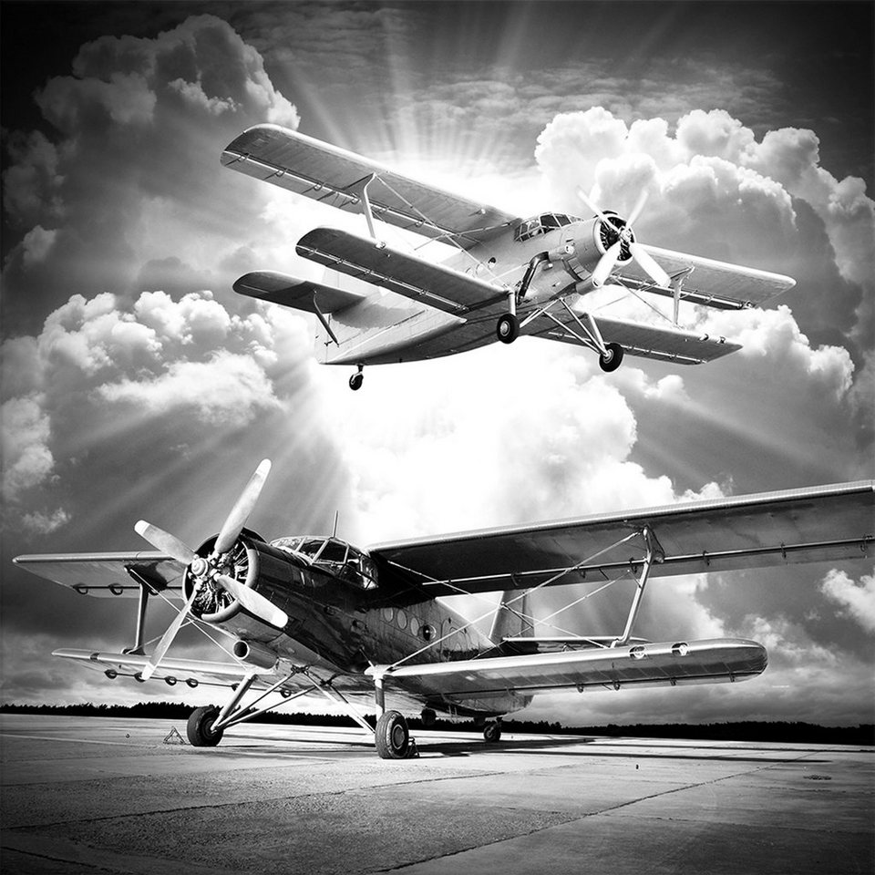 artissimo Glasbild Glasbild 30x30cm Bild Flugzeug schwarz-weiß Foto  Vintage, schwarz-weiß Foto: Flugzeug, inkl. vormontierten Metallaufhängern  und Abstandshaltern (freischwebender Look)