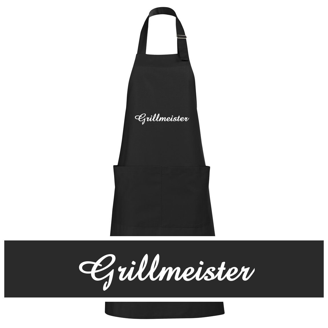 Schnoschi Grillschürze Hochwertige Küchenschürze mit Grillmeister bestickt, Grill Schürze, Stickerei Grillmeister, Große Tasche mit 2 Fächern, Metallschlaufe