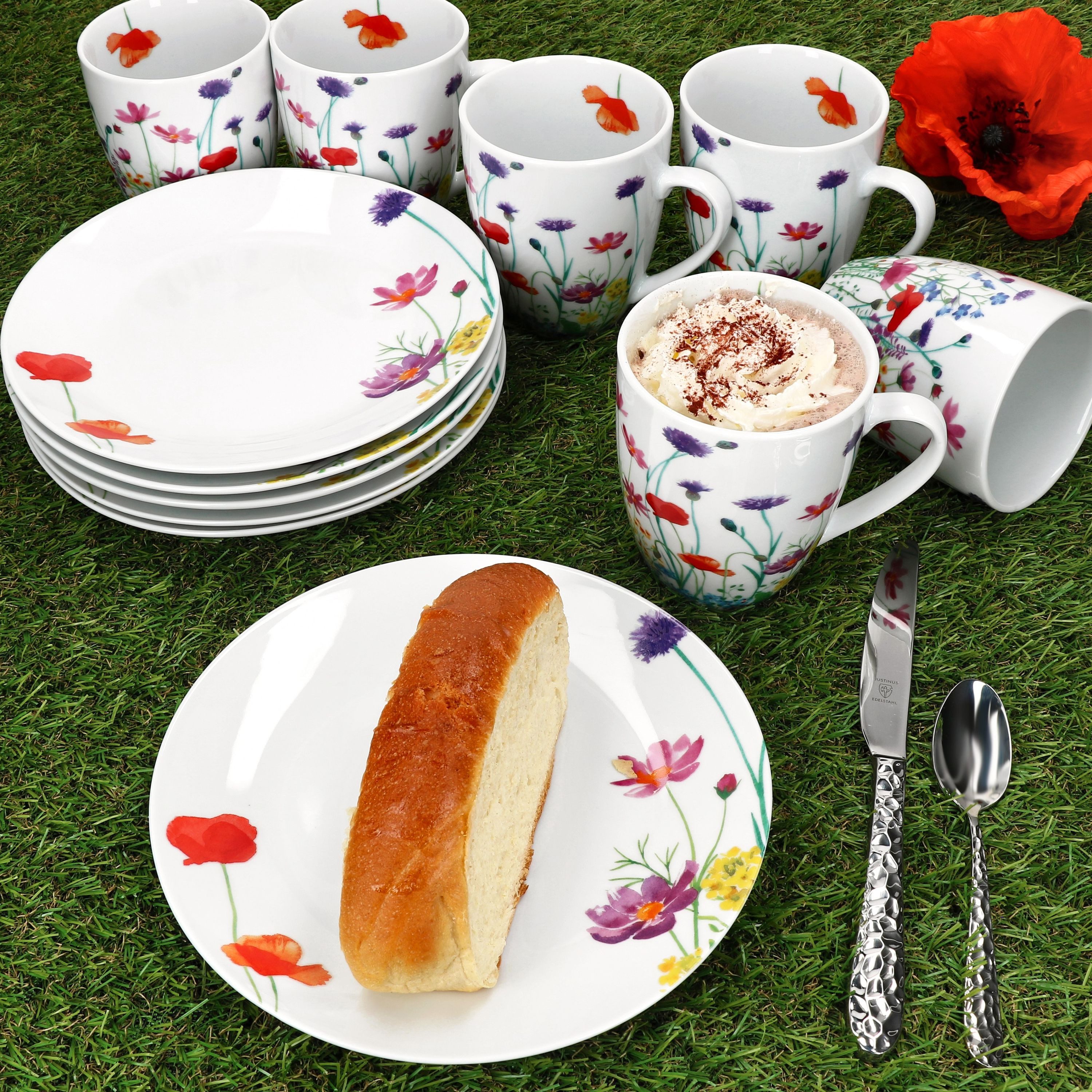 MamboCat Frühstücks-Geschirrset 12tlg Frühstücksset Marie Porzellan 6 Personen Teller Kaffeebecher, Porzellan