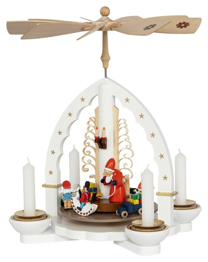 Erzgebirgische Volkskunst Richard Glässer GmbH Weihnachtspyramide Pyramide Bescherung weiß für Teelichte und Kerzen Höhe 27cm NEU
