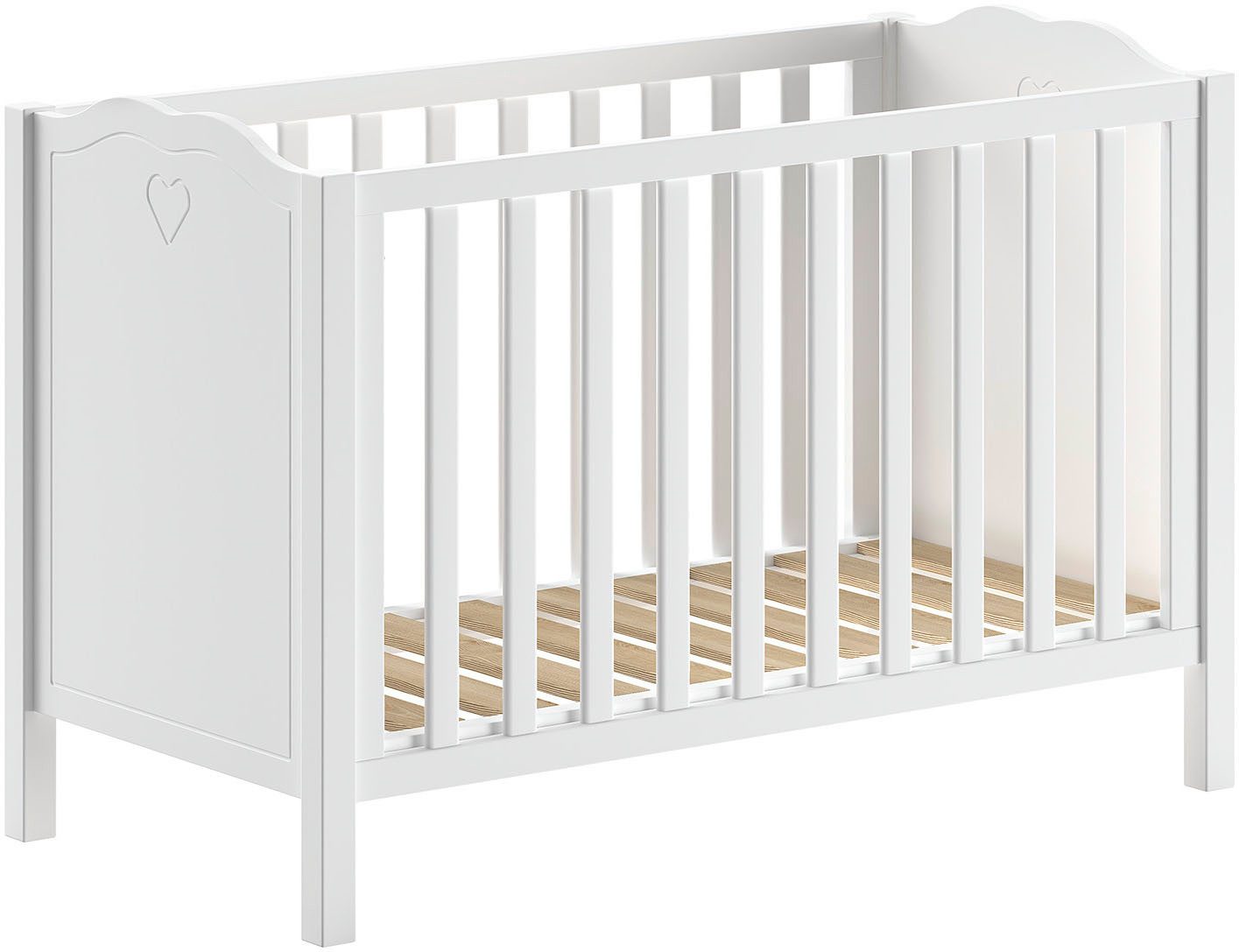Vipack Babybett Amori 60/120 mit verstellbarem Lattenrost, sehr stabil gebaut, mit geschwungenem Kopfteil und Herz Ornament, weiß lackiert