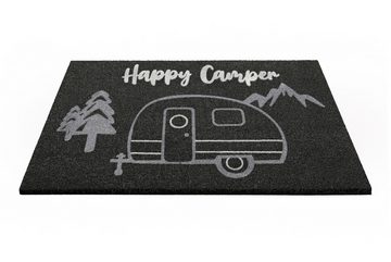 Fußmatte Happy Camper, Wecon home, Höhe: 18 mm, graue Schmutzfangmatte aus Kokosfaser, Antirutschbeschichtung, Camper