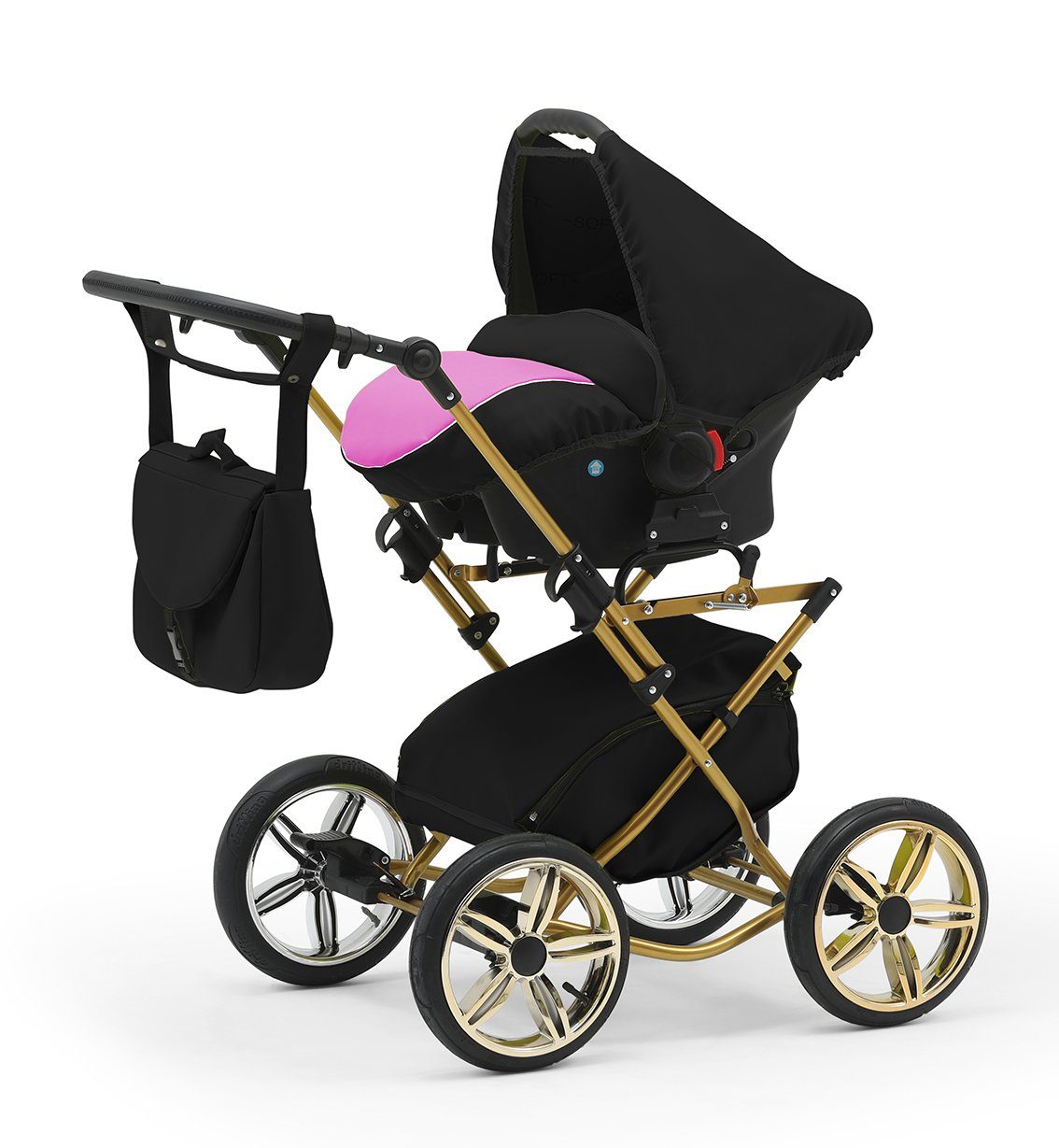 babies-on-wheels Kombi-Kinderwagen Sorento 4 in Base Pink-Schwarz - - inkl. 10 Iso Autositz 1 Teile Designs 14 in und