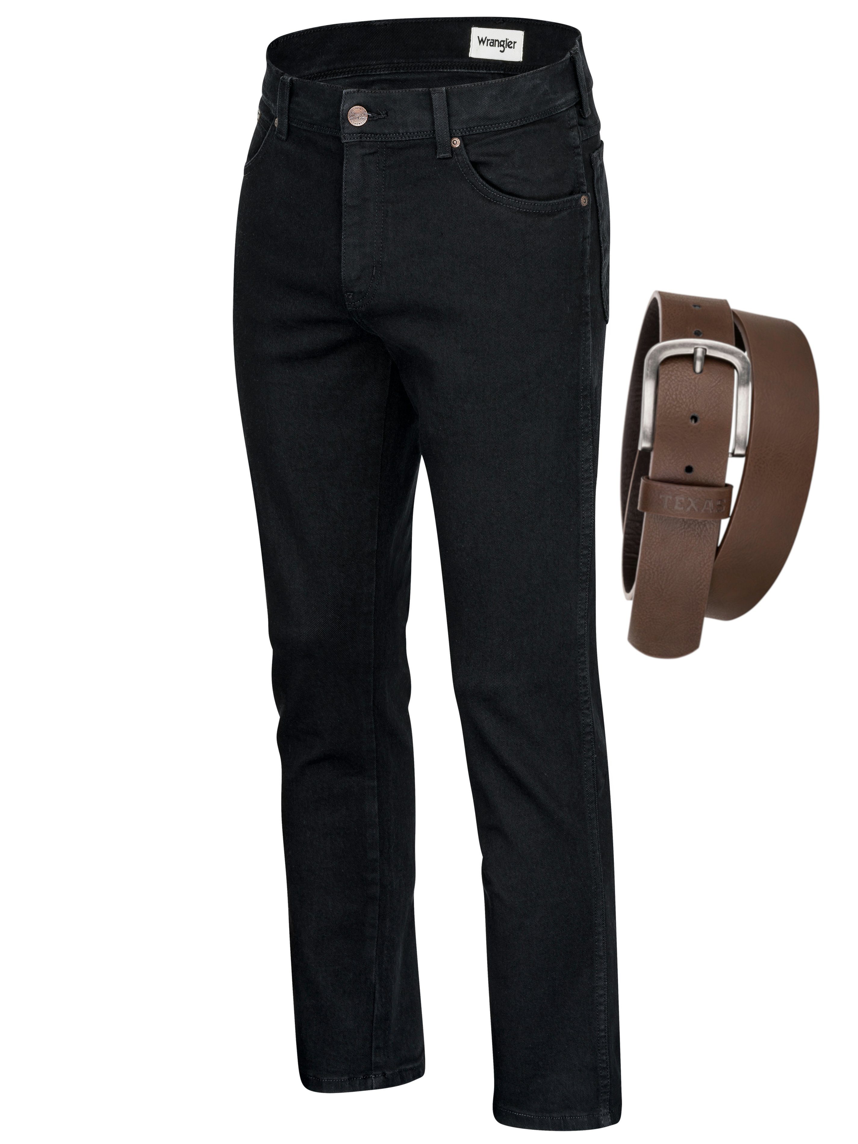 Wrangler Straight-Jeans Texas Authentic Straight Herrenjeans Jeans Stretch mit Gürtel Black Overdye + brauner Gürtel