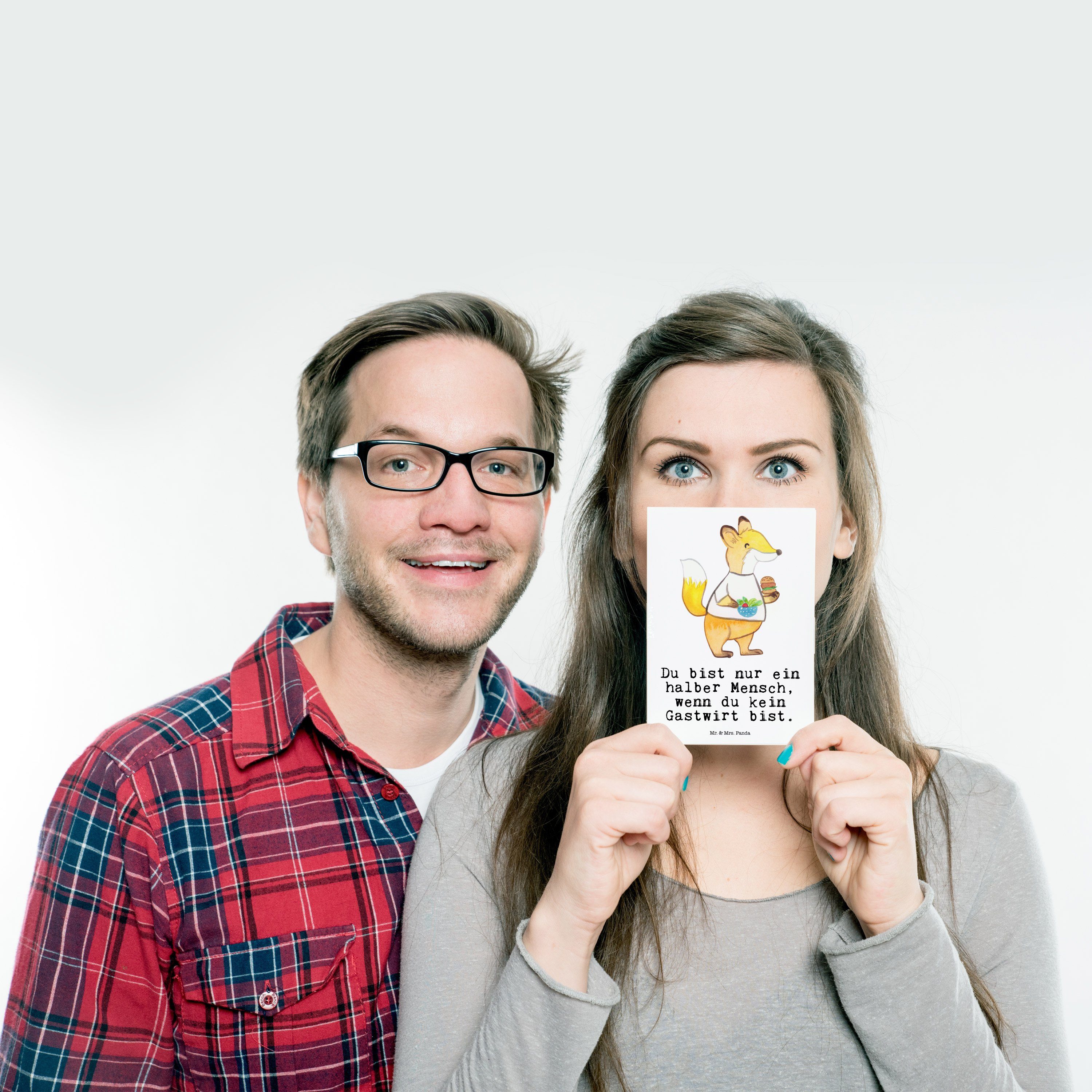 Mr. & Mrs. Panda Gastwirt Weiß mit Geschenk, Herz Dankeskarte, Geschenkkart Postkarte - - Karte