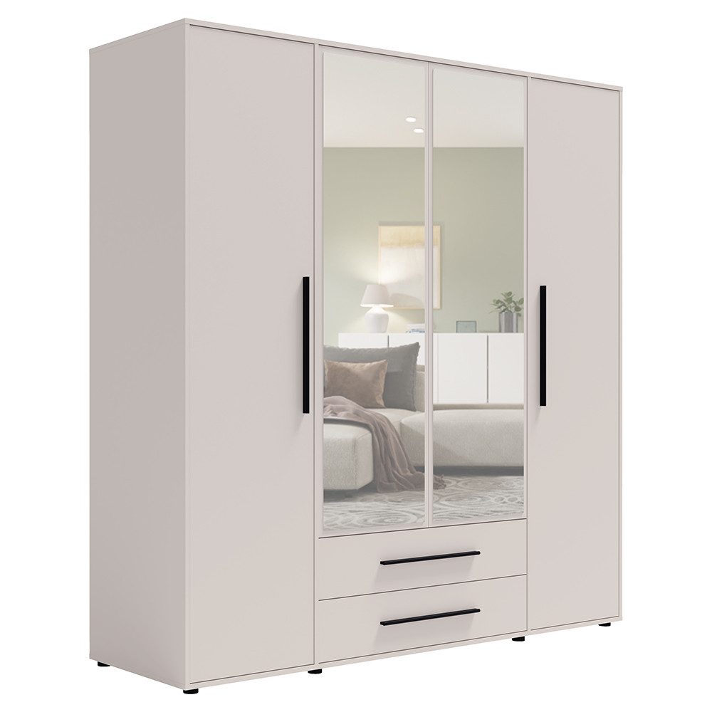 Lomadox Kleiderschrank MOLLERUSA-132 197,6 cm breit, kaschmir mit schwarzen Griffen, 4 Türen, 2 Schubladen