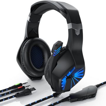 CSL Gaming-Headset (Blaue LED-Beleuchtung; Kopfbügel variabel verstellbar; Bietet kristallklaren Hoch-, Mittel- und Tieftonbereich + dynamische Basswiedergabe, "GHS-102" mit Mikrofon Kopfhörer für Windows/Mac/Linux /PS4/PS4 Pro)