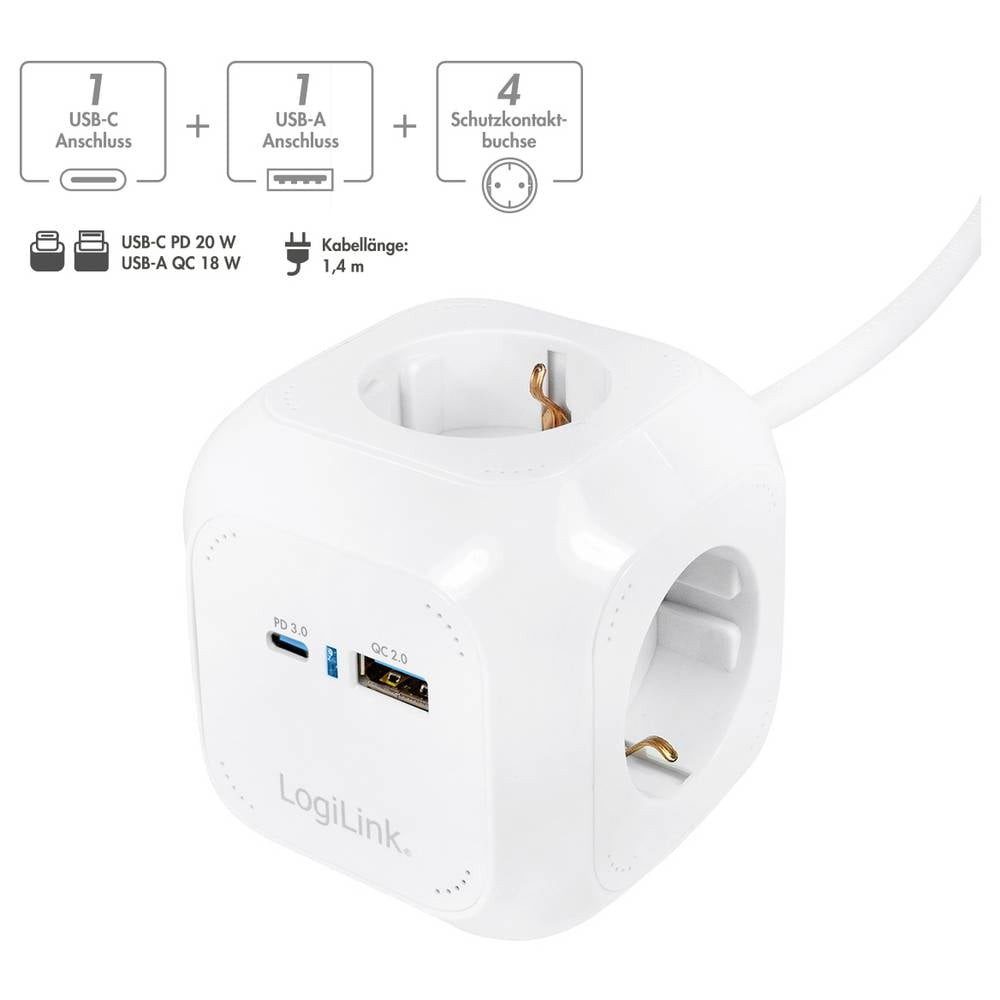 LogiLink LPS283U Steckdosenwürfel Weiß Schutzkontakt 1 St. Steckdosenleiste, mit USB, mit USB-C®, Power Delivery