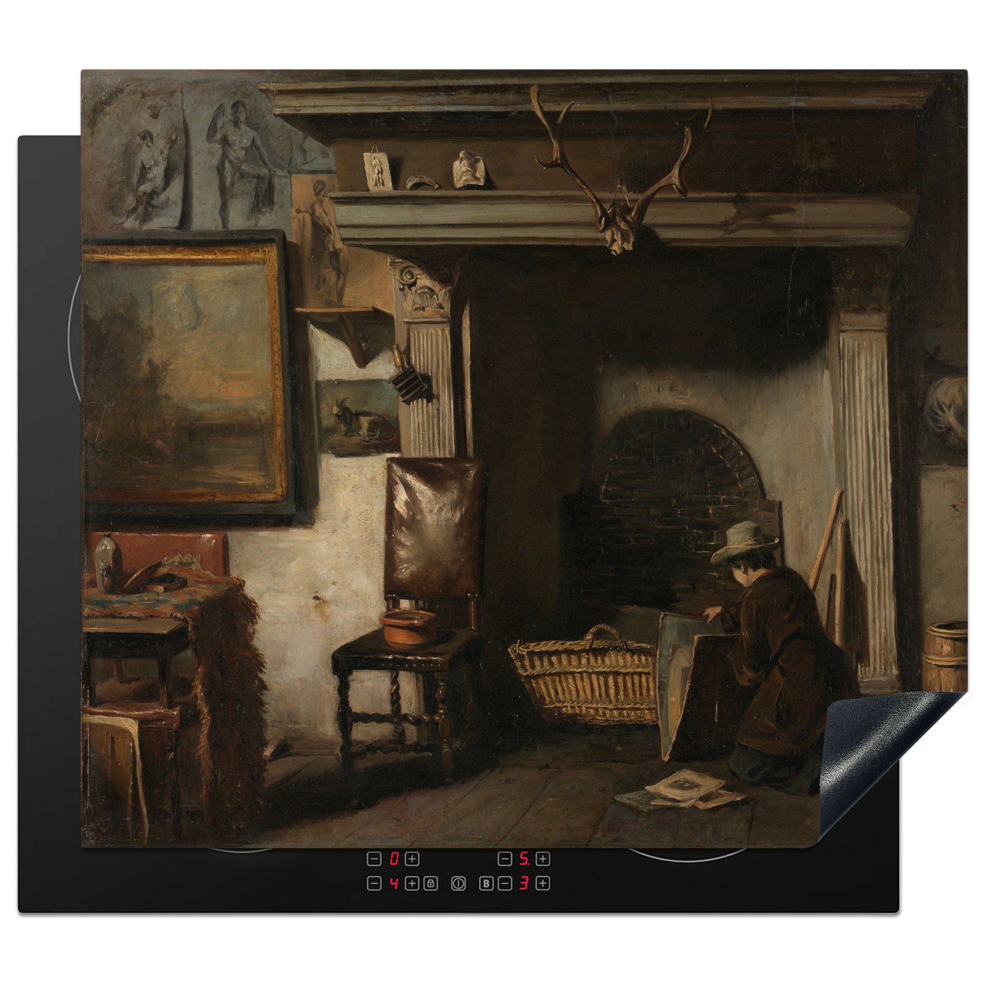 MuchoWow Herdblende-/Abdeckplatte Das Atelier von Pieter Frederik van Os, einem Maler aus Haarlem -, Vinyl, (1 tlg), 60x52 cm, Mobile Arbeitsfläche nutzbar, Ceranfeldabdeckung