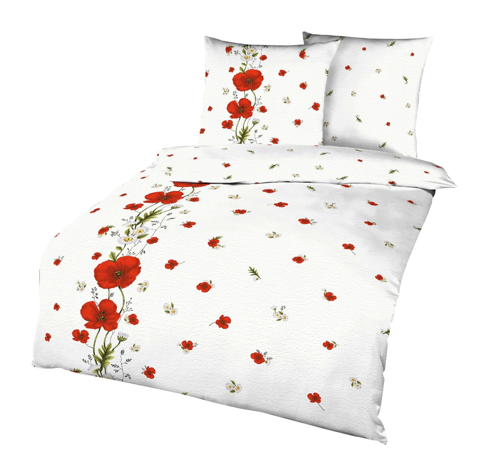 Kaeppel Bettwäsche Kaeppel Seersucker Bettwäsche 135x200cm Red Poppy Mohn Rot Weiß, Seersucker, 2 teilig, feine "Baby-Rippe", mit Reißverschluss atmungsaktiv und pflegeleicht