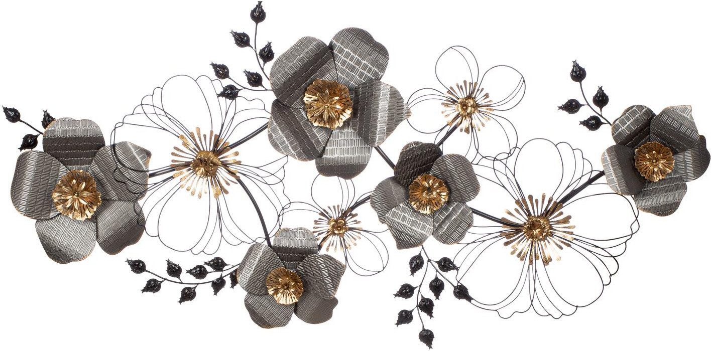 Casablanca by Gilde Wanddekoobjekt Wandrelief, "Blossom", Metall, schwarz, anthrazitfarben, goldfarben (1 St), Wandrelief Blossom Blüten Blumen Wanddeko Wohnzimmer