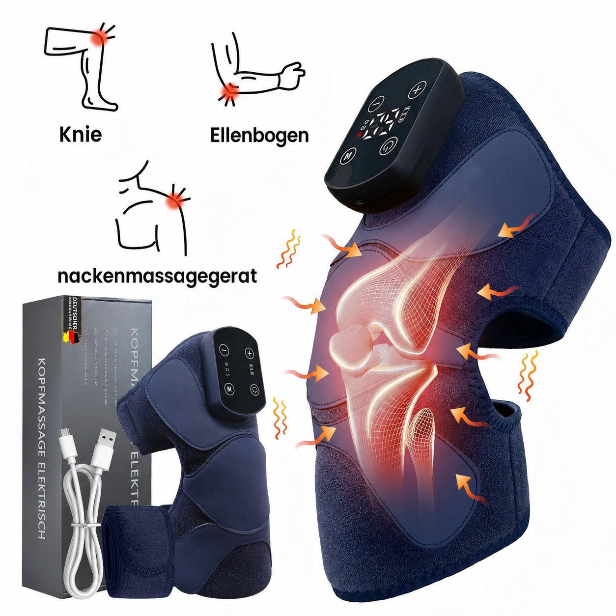FOSMET Massagegerät 2026 NEW Kniemassagegerät mit Wärme,3-in-1 Modi Nackenmassagegerat, 5 Graphene Heizung Ebenen und 3 Vibration Modi,beheizte Knie Brace, Mit 5000mAh Akku, 3-in-1 Kabelloses Knie-Massagegerät für Knie, Ellbogen und Schultern