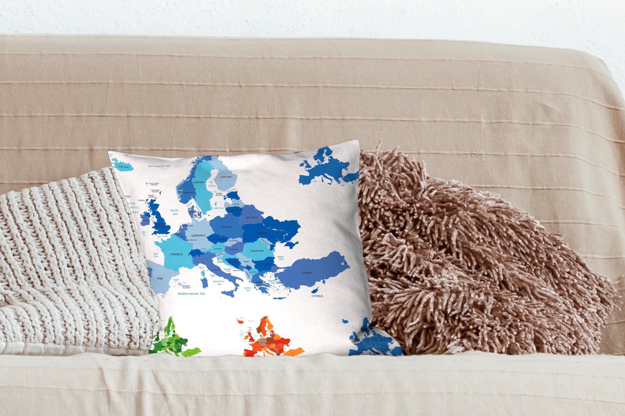 Deko, Karte für Füllung Blau, MuchoWow - mit - Schlafzimmer, Sofakissen Zierkissen Dekokissen Wohzimmer, Europa