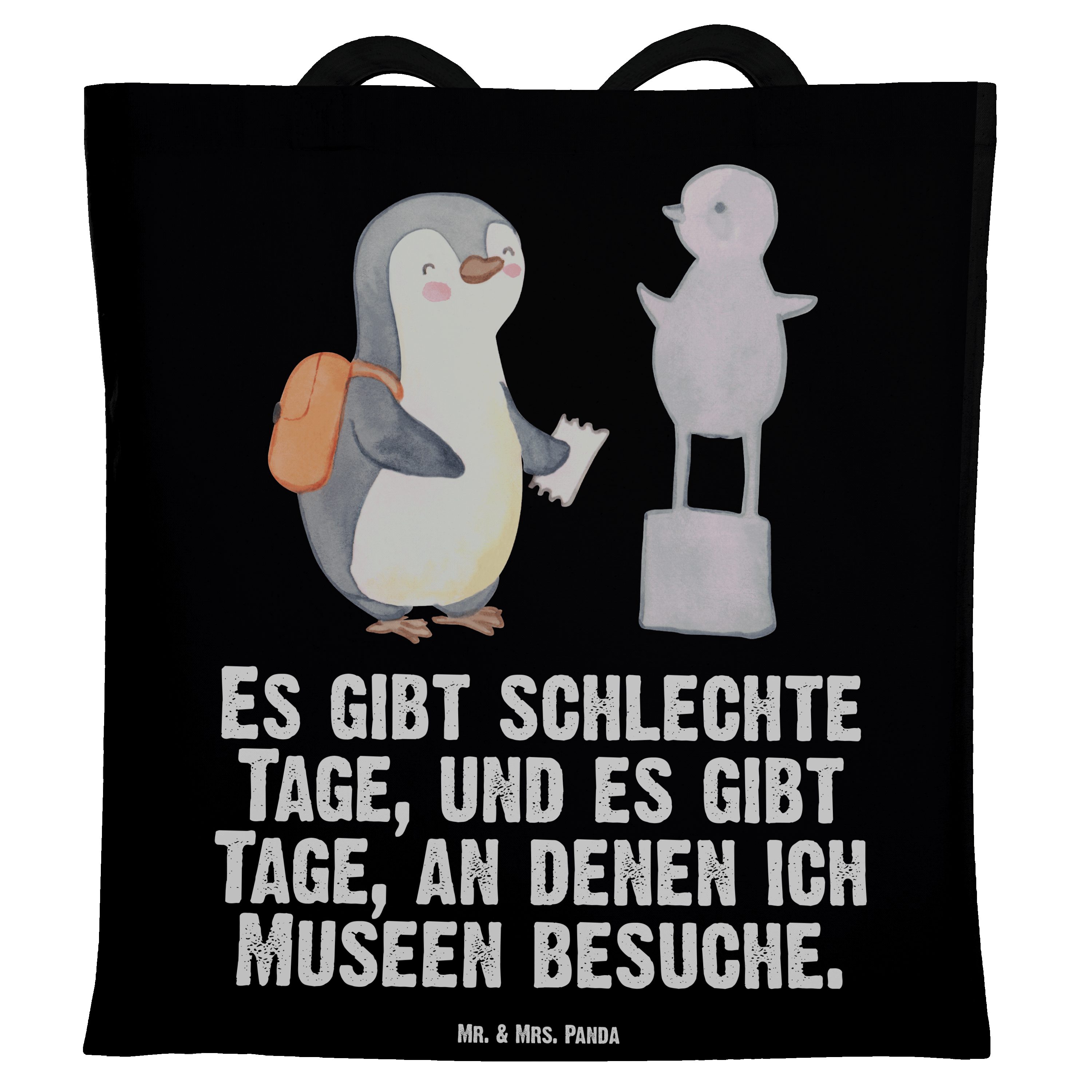 Mr. & Mrs. Panda Tragetasche Pinguin Museum besuchen Tage - Schwarz - Geschenk, Stoffbeutel, Gewin (1-tlg)