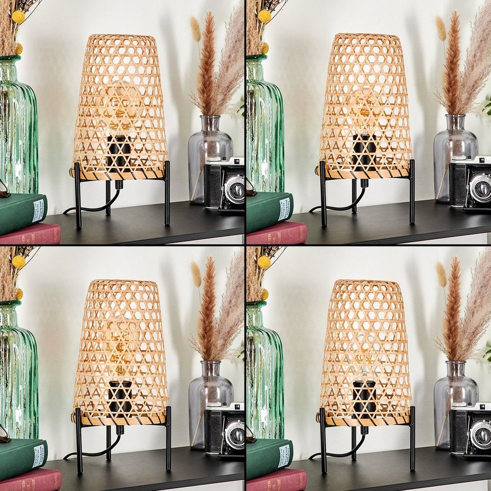 ohne Leuchtmittel, Metall/Rattan Tischleuchte Schwarz/Natur, aus Tischlampe Boho An-/Ausschalter, 1xE27, moderne Leuchtmittel Nachttischlampe in hofstein Lichteffekt, ohne