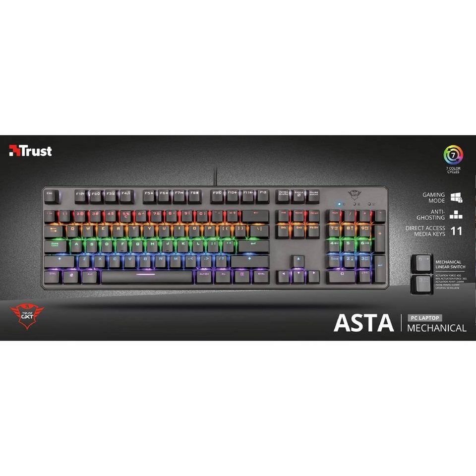 Trust GXT 865 Asta Mechanische USB Gaming-Tastatur Gaming-Tastatur  (Beleuchtet), Spezieller Spielmodus für die Deaktivierung der Windows-Taste