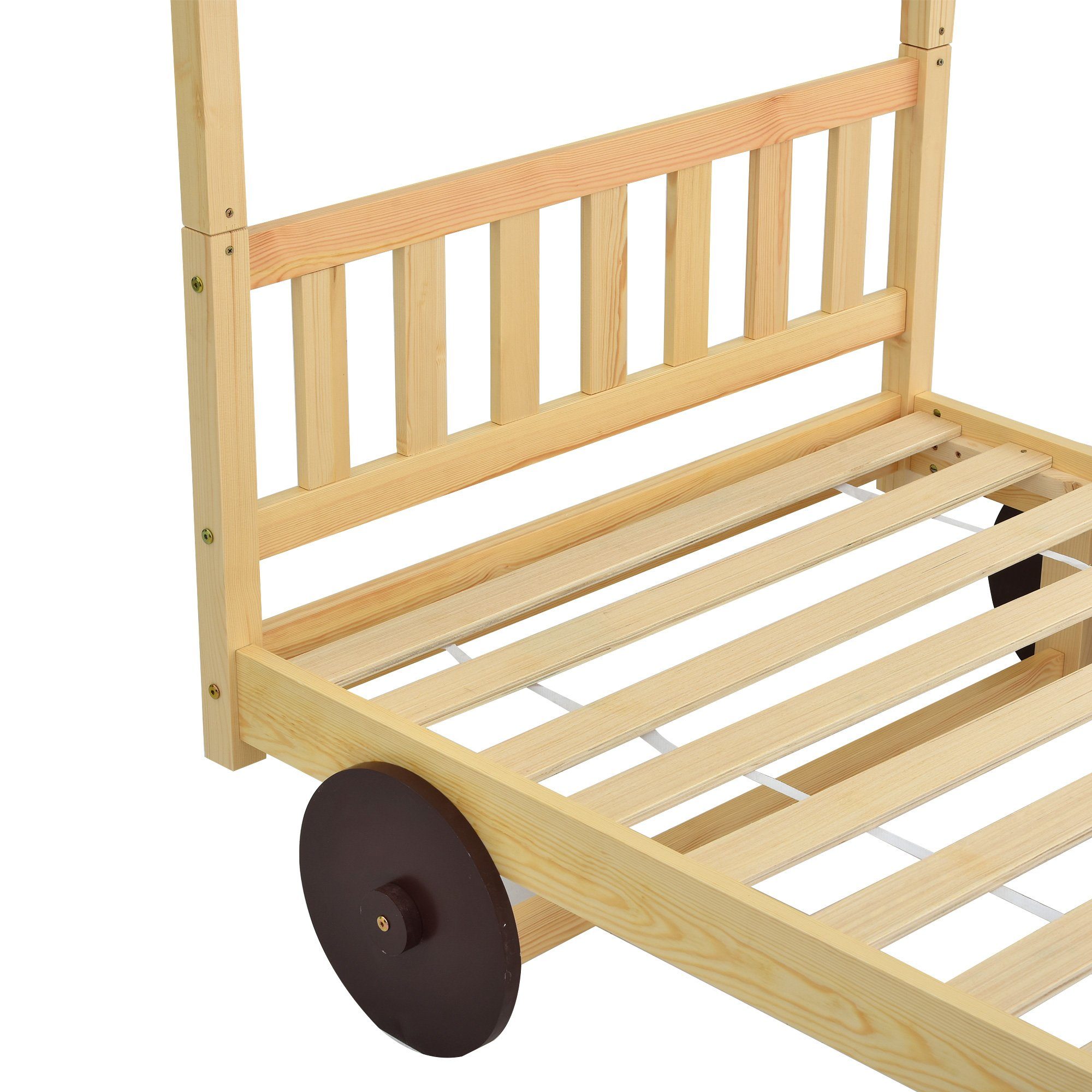 Kinderbett (mit MDF-Rädern und abnehmbare Rahmen), Einzelbett mit Lattenrost, massivem Kiefernholz, 90x200