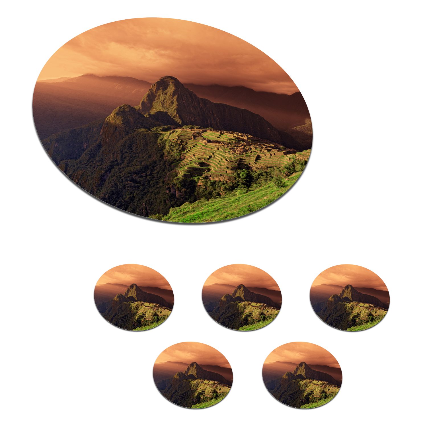 MuchoWow Glasuntersetzer Peru - Machu Picchu - Sonnenuntergang, Zubehör für Gläser, 6-tlg., Getränkeuntersetzer, Tassenuntersetzer, Korkuntersetzer, Tasse, Becher