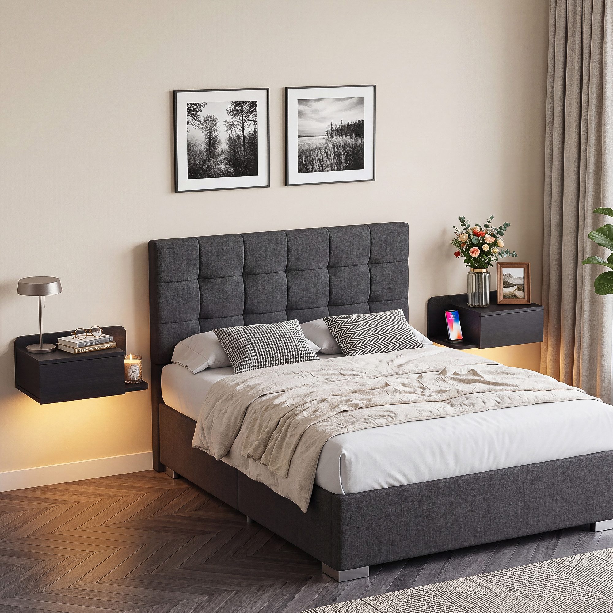 OYRREU Nachttisch Wand-Nachttisch mit LED, Wandregal, Nachtregal Wandablage Schlafzimmer (2er-Set, als Beistelltisch oder Ablage für Wohnzimmer, Flur, Wandregaltisch), Industrieller Look, je mit Schublade, 2 Ablageflächen, schwarz