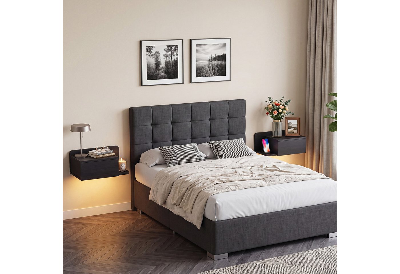 OYRREU Nachttisch Wand-Nachttisch mit LED, Wandregal, Nachtregal Wandablage Schlafzimmer (2er-Set, als Beistelltisch oder Ablage für Wohnzimmer, Flur, Wandregaltisch), Industrieller Look, je mit Schublade, 2 Ablageflächen, schwarz