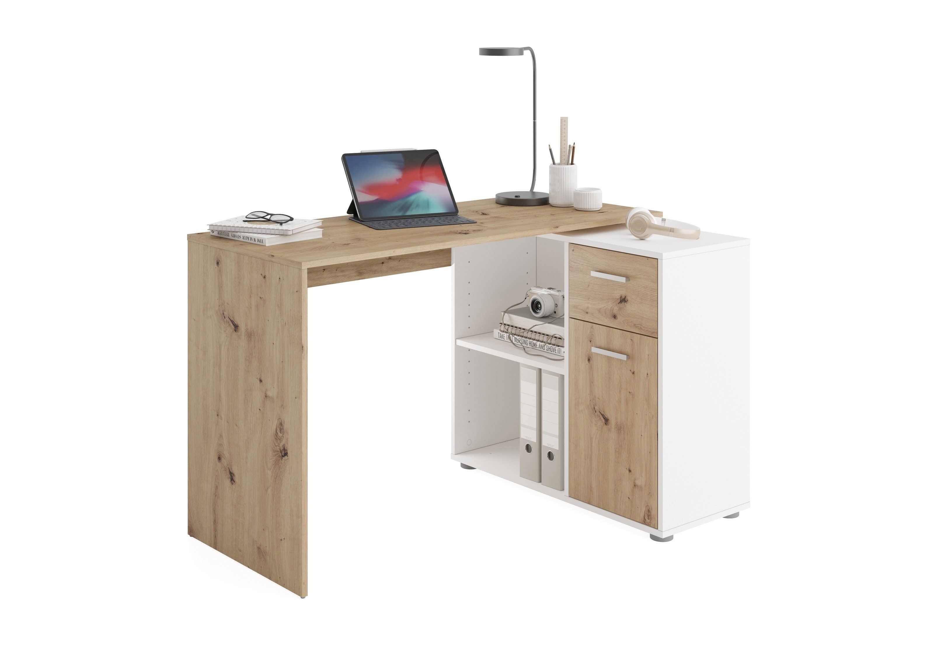 PREISBRECHER Schreibtisch ALBRECHT 1, in Artisan Eiche Dekor-weiß - 83x74x117cm (BxHxT)