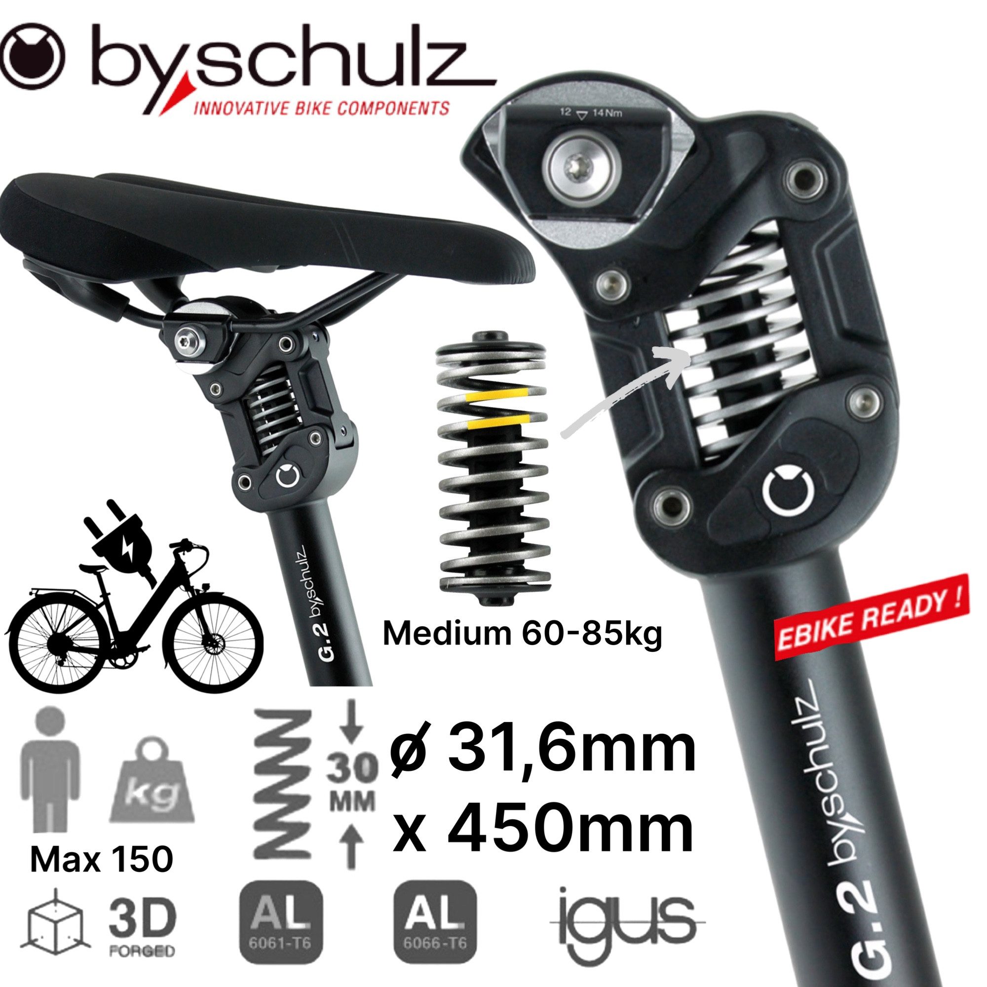 by.schulz Fahrradsattel by.Schulz G2 ST Fahrrad E-Bike Gefederte Sattelstütze 31,6 x 450