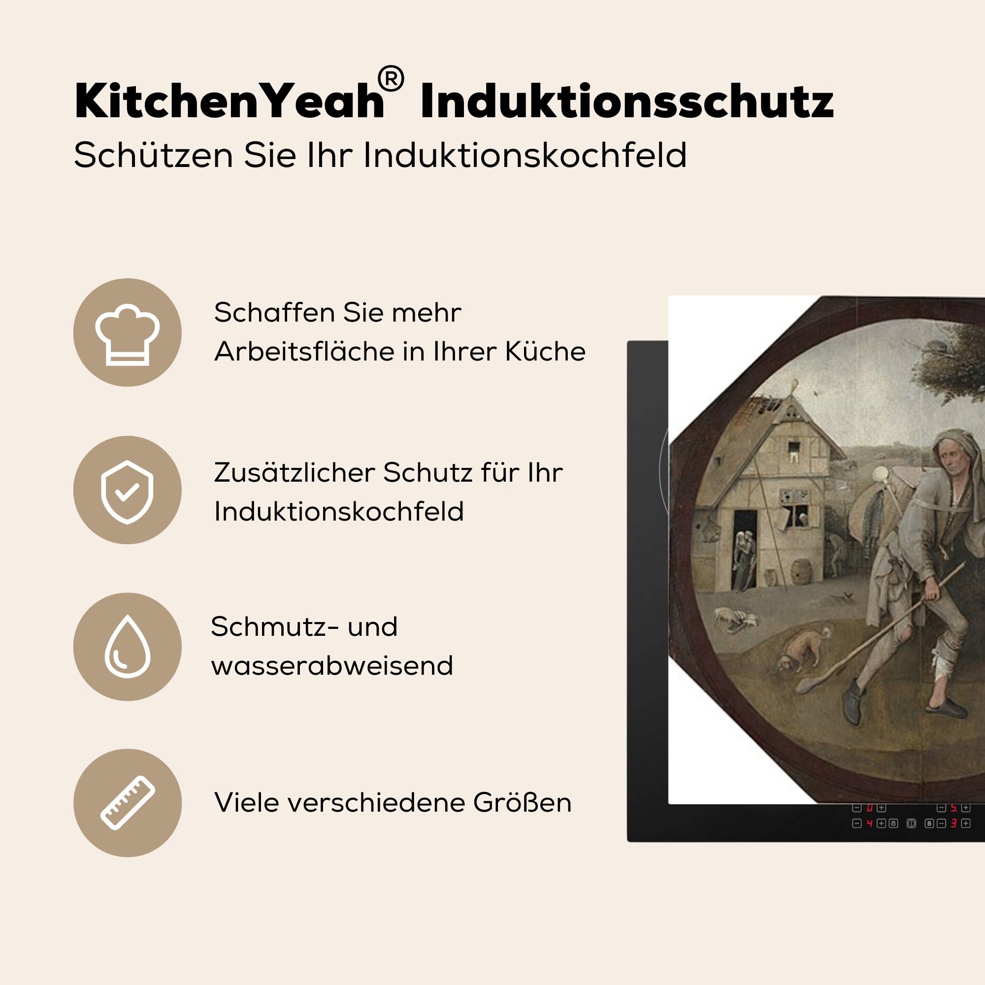 küche Gemälde Hausierer Hieronymus cm, Herdblende-/Abdeckplatte tlg), - 78x78 MuchoWow Ceranfeldabdeckung, Bosch, Vinyl, Der von (1 Arbeitsplatte für