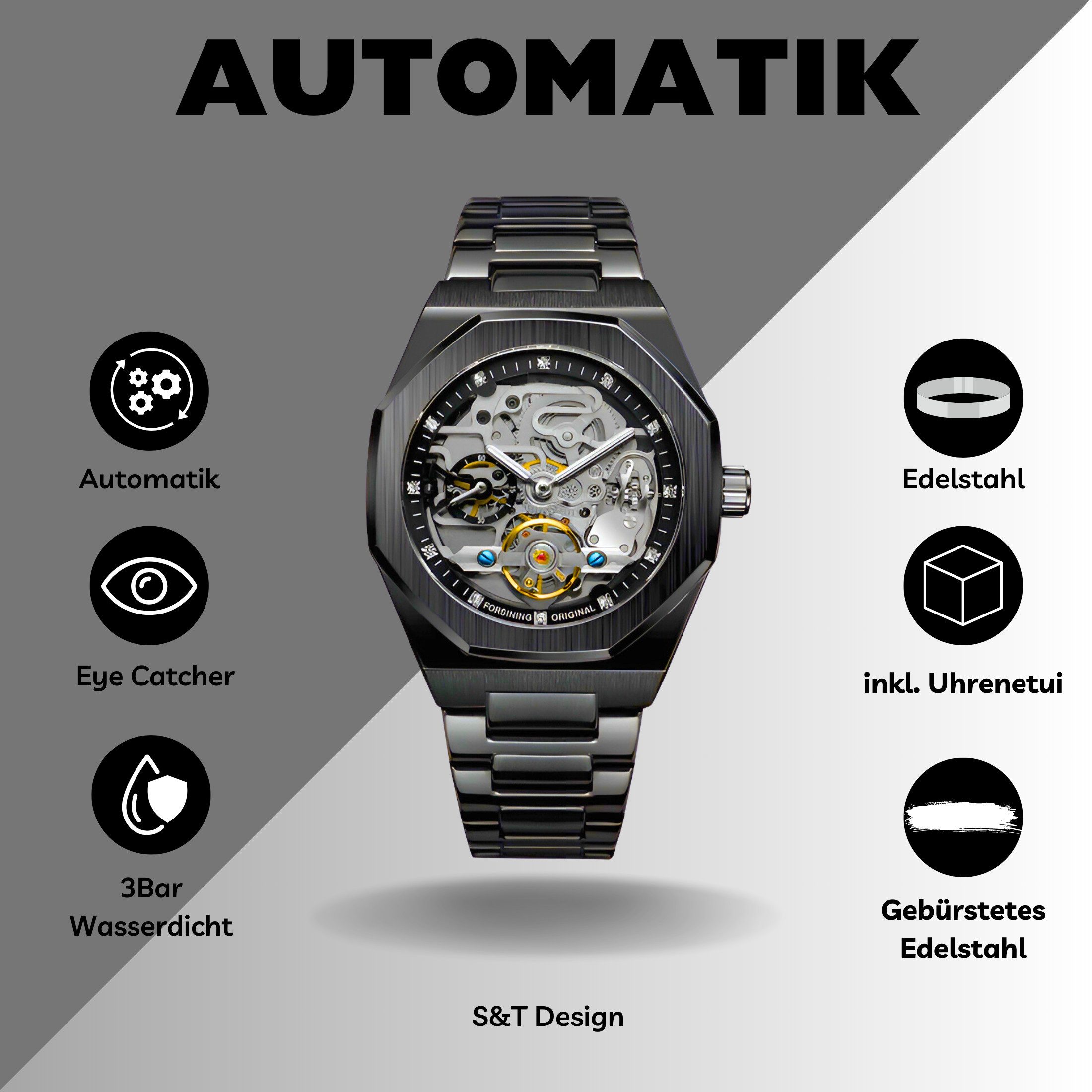 S&T Design Automatikuhr Mechanische Herren Uhr Skelett Edelstahl Herrenuhr, (Geschenkebox (Etui), inkl. Uhrenetui, und Armbandkürzer), Transparentes Zifferblatt Armbanduhr für Herren Achteckig Wasserdicht