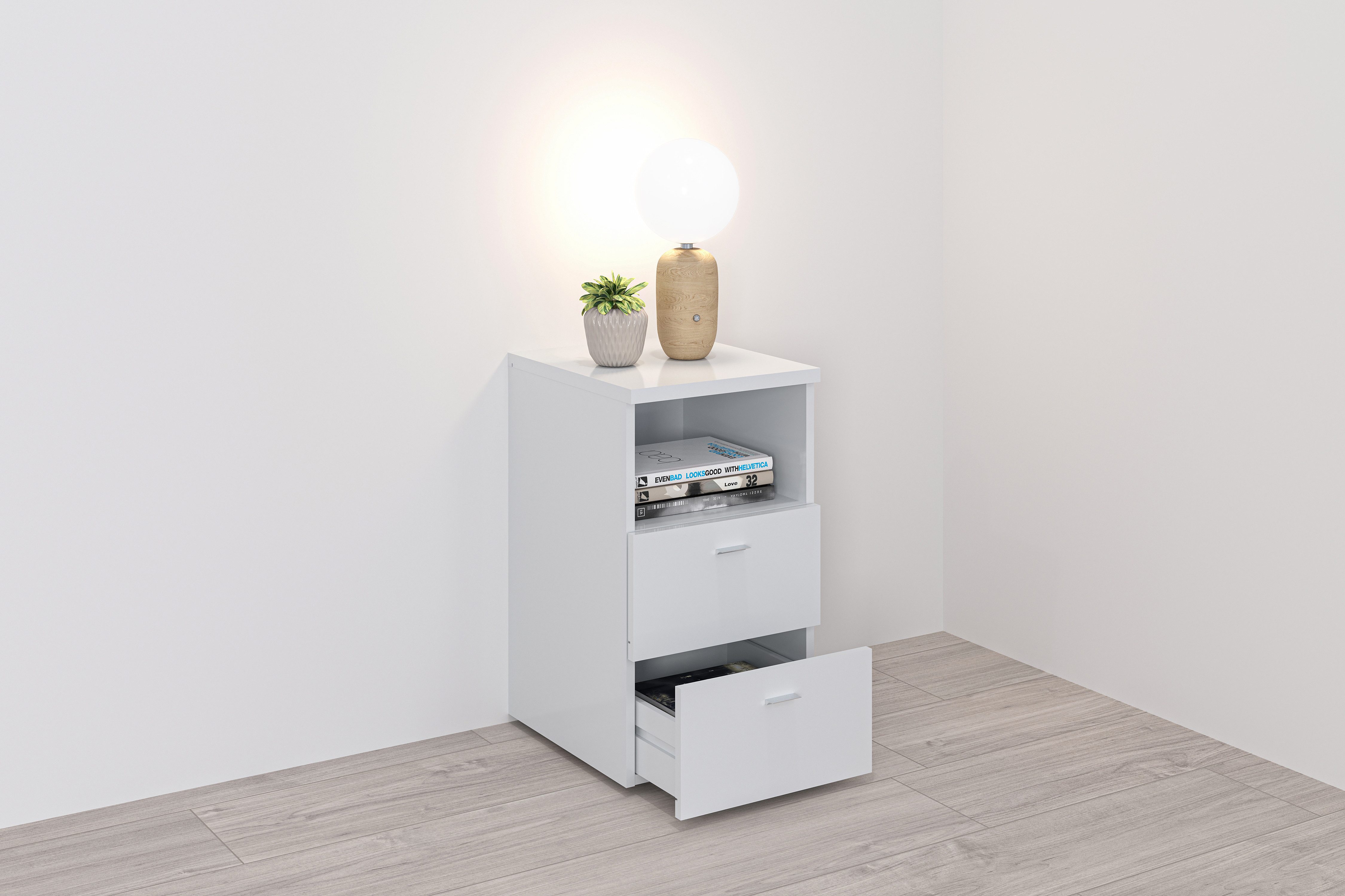 FMD Nachtkonsole Suva, Nachttisch m. 2 Schubkästen und offenem Fach, 60 cm hoch, 35 cm breit