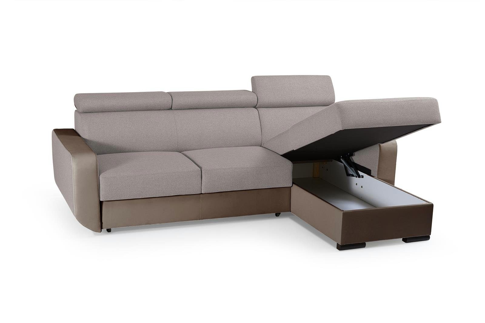 Schlaffunktion Kopfstützen, IMPAL, Ecksofa universelle cm 130 aus mane, Struktur-Gewebe Cappucino Kunstleder, 22 926) x Liegefläche Polsterecke + und mit 202 Bettkasten, Beautysofa Madrid (Inari verstellbaren