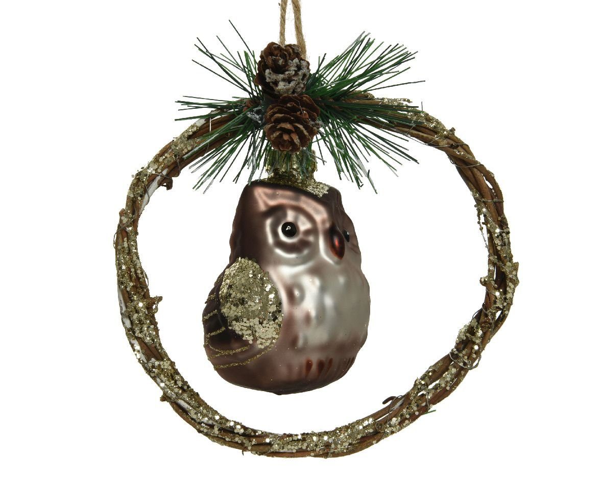 Decoris season decorations Christbaumschmuck, Anhänger Eule mit Zweige - Kranz Glas 13cm, 1 Stück