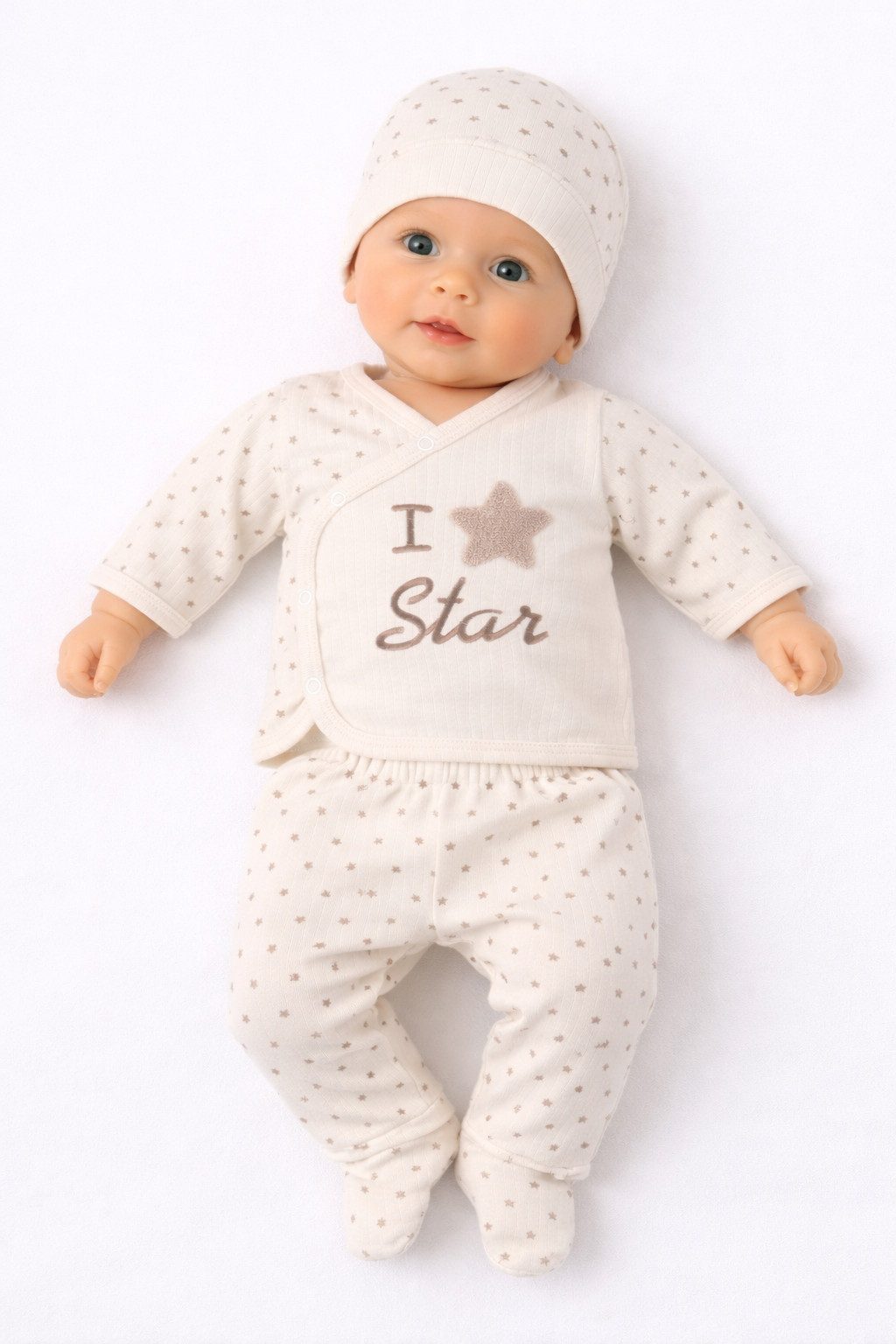 Lorey Medtec Erstausstattungspaket Baby Outfit, 3er Set, Wickelshirt, Hose mit Fuß, Mütze, 100% Baumwolle (Wickelshirt + Hose + Mütze)