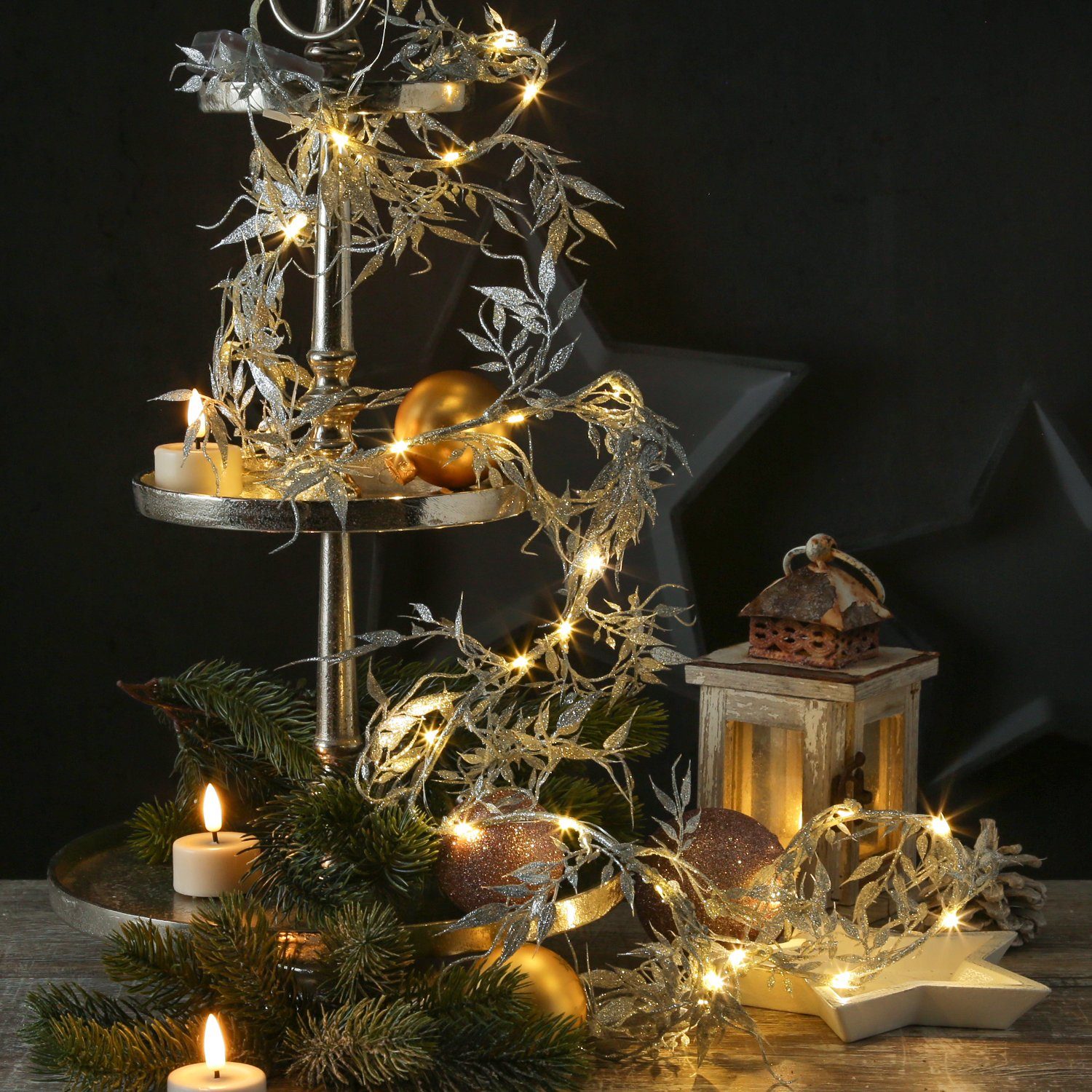 MARELIDA LED-Lichterkette Drahtlichterkette glitzernde Blätter biegsame Girlande 150cm silber, 30-flammig