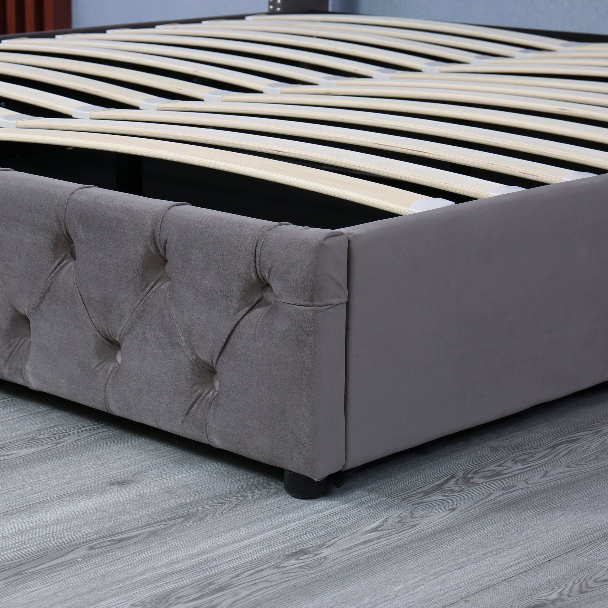 Boxspringbett, Hydraulisches Polsterbett Doppelbett mit Bettkasten und Lattenrost, 140 x 200 cm Funktionsbett, Grau Samtbezug, Gepolstertes Kopfteil, ohne Matratze