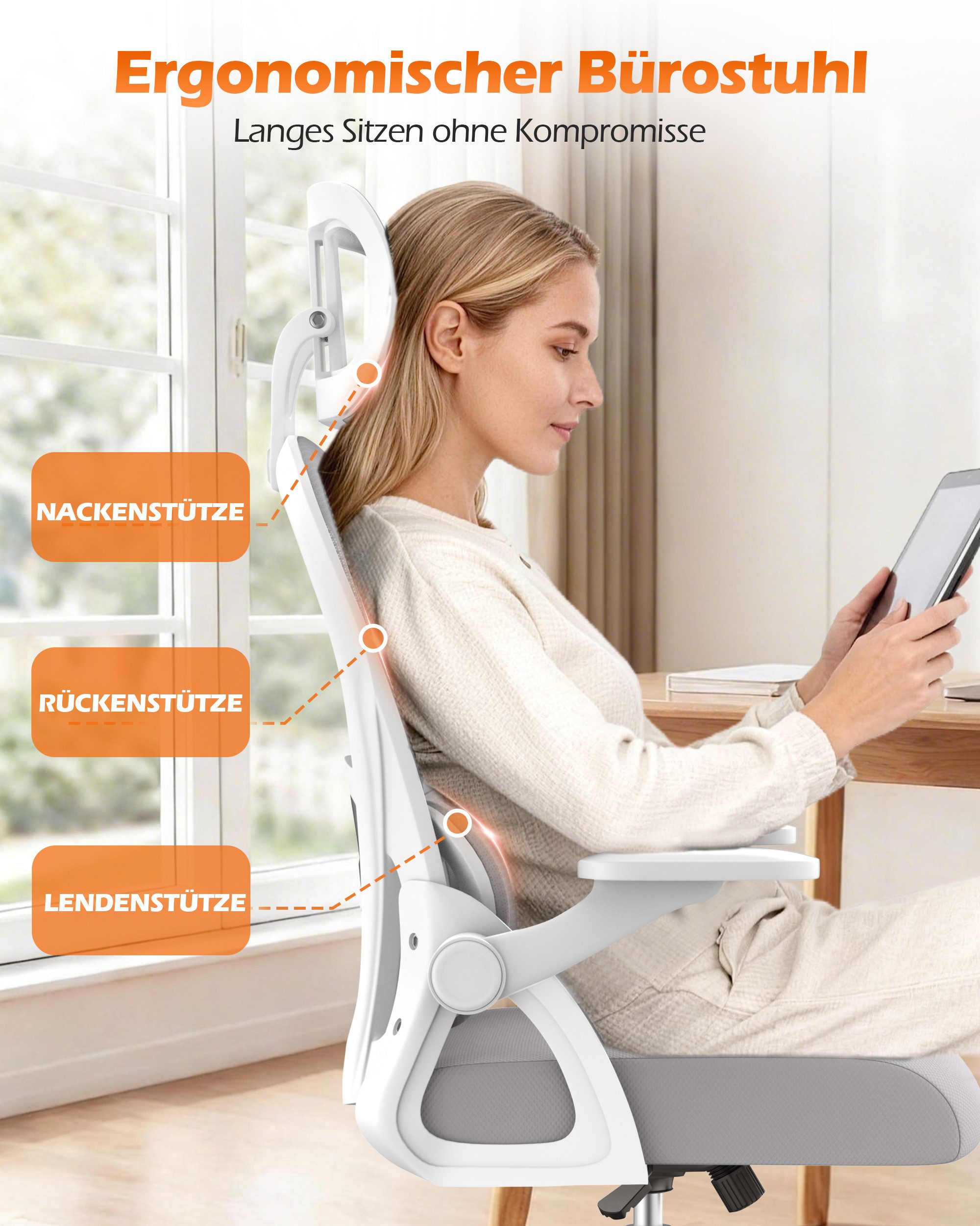 ZAISZE Bürostuhl Ergonomischer Bürostuhl mit Kopfstütze & verstellbaren Armlehnen (atmungsaktiver Mesh-Bezug, Rücken- und Taillenstütze, Neigung fixierbar bei 90° (maximal kippbar bis 120), C-förmige Lordosenstütze, Drehstuhl, Bürostühle Wippfunktion