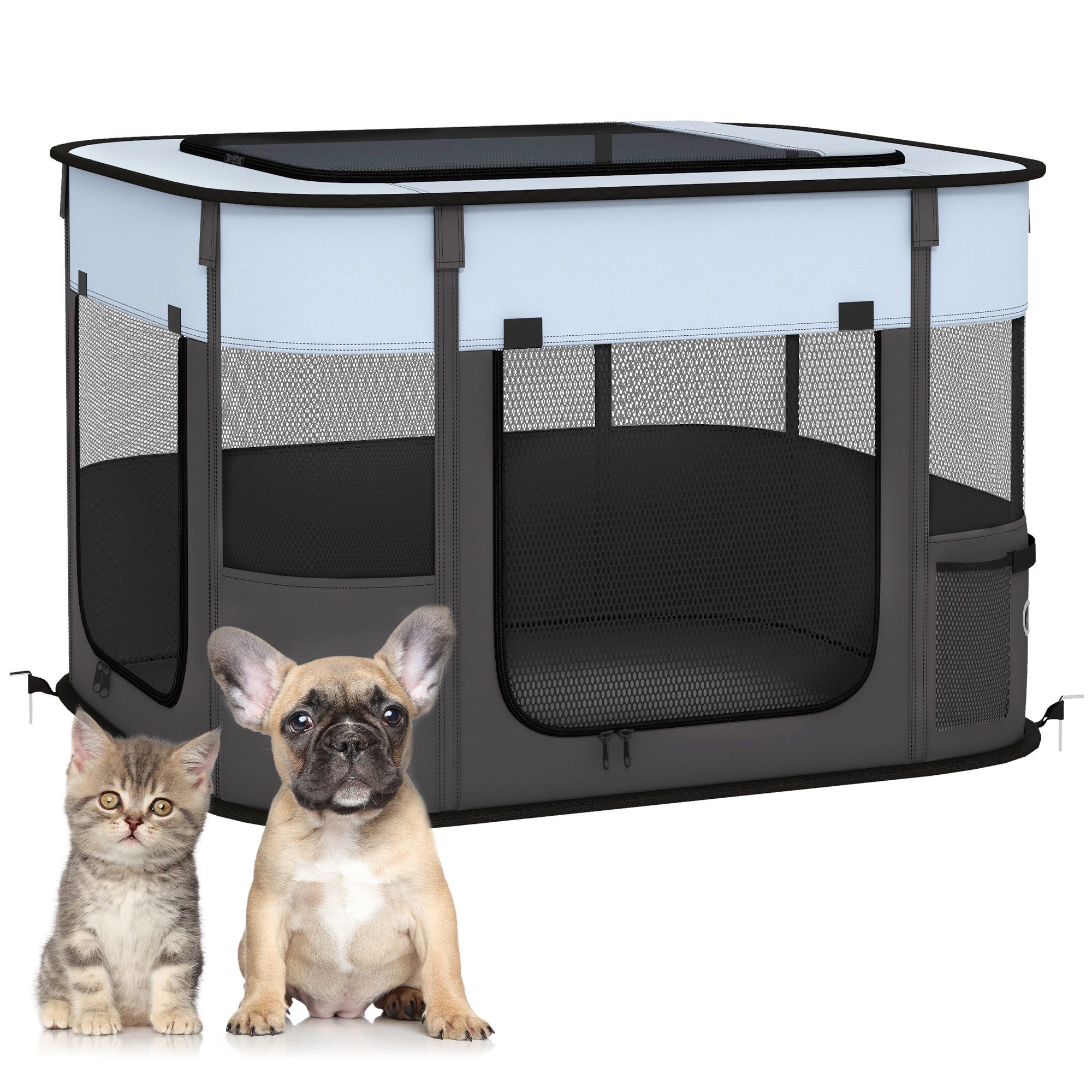 PawHut Freigehege Welpenauslauf faltbar, Welpenlaufstall aus Oxford-Tuch, atmungsaktiv, Indoor und Outdoor, 74 x 60 x 45 cm, Grau