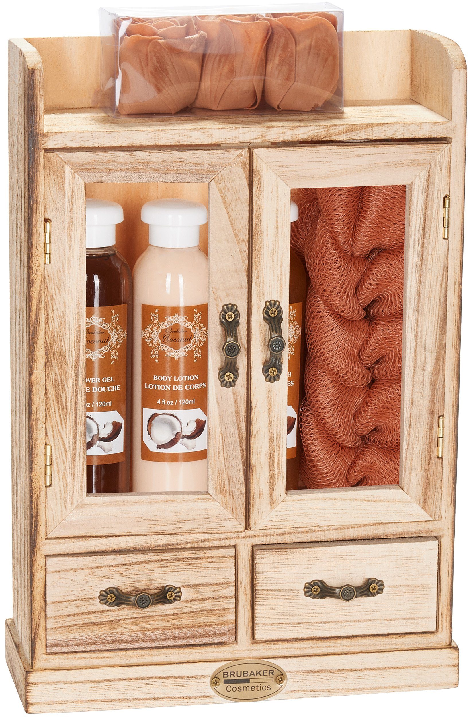 BRUBAKER Hautreinigungs-Set Bade- und Dusch Set - Pflegeset Kokos Duft, 10-tlg., Damen Wellness Geschenkset im Vintage-Schränkchen, Badeset