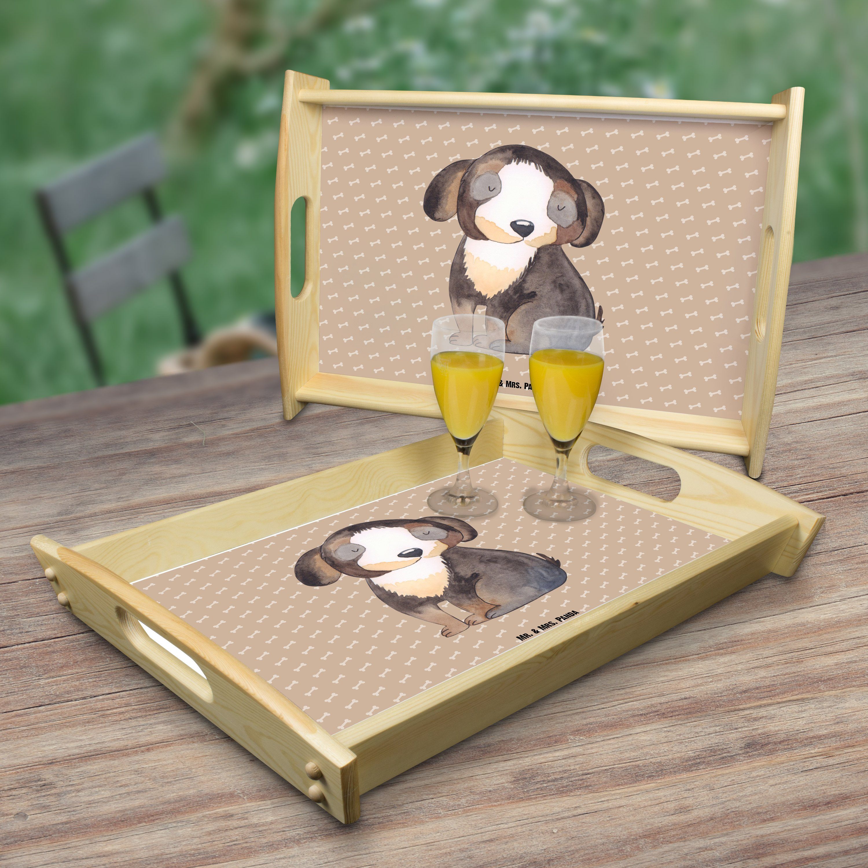 Mr. & Mrs. Panda Hundeglück - schw, Vierbeiner, Tablett Geschenk, lasiert, entspannt (1-tlg) Echtholz - Dekotablett, Hund