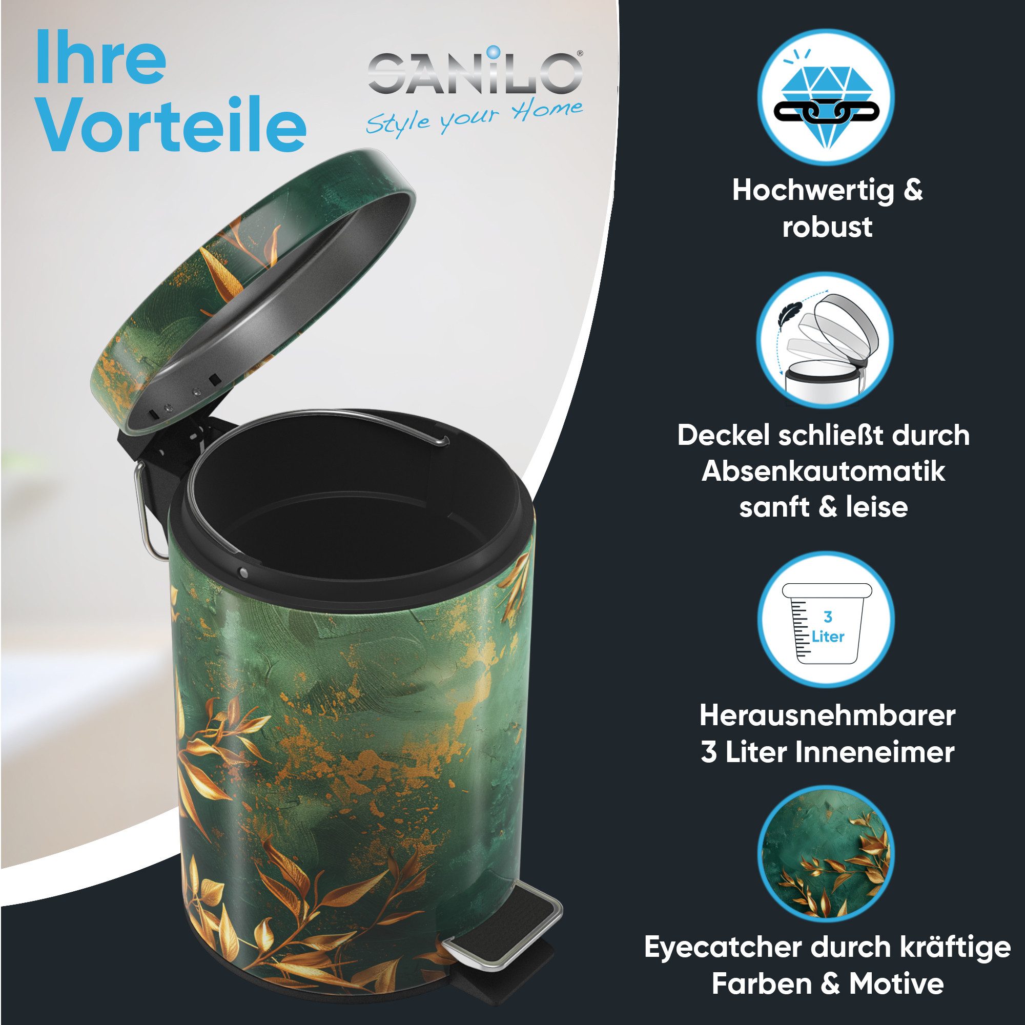 Sanilo Kosmetikeimer mit Motiv, viele schöne Bad Mülleimer zur Auswahl, 3 Liter, Abfalleimer mit Absenkautomatik & Innenbehälter