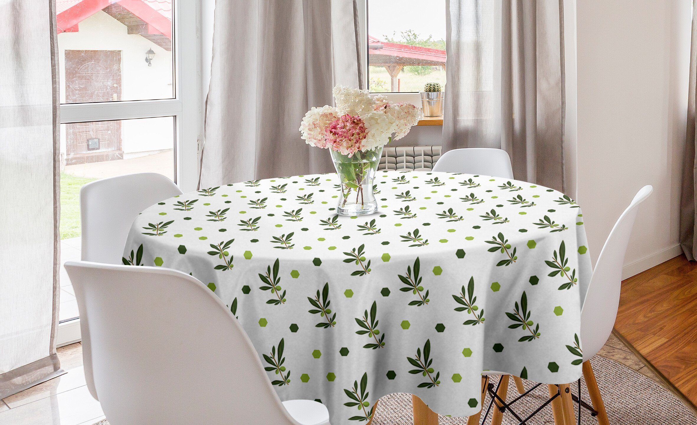 Abakuhaus Tischdecke Kreis Tischdecke Abdeckung für Esszimmer Küche Dekoration, Olive Hexagons und belaubte Zweige