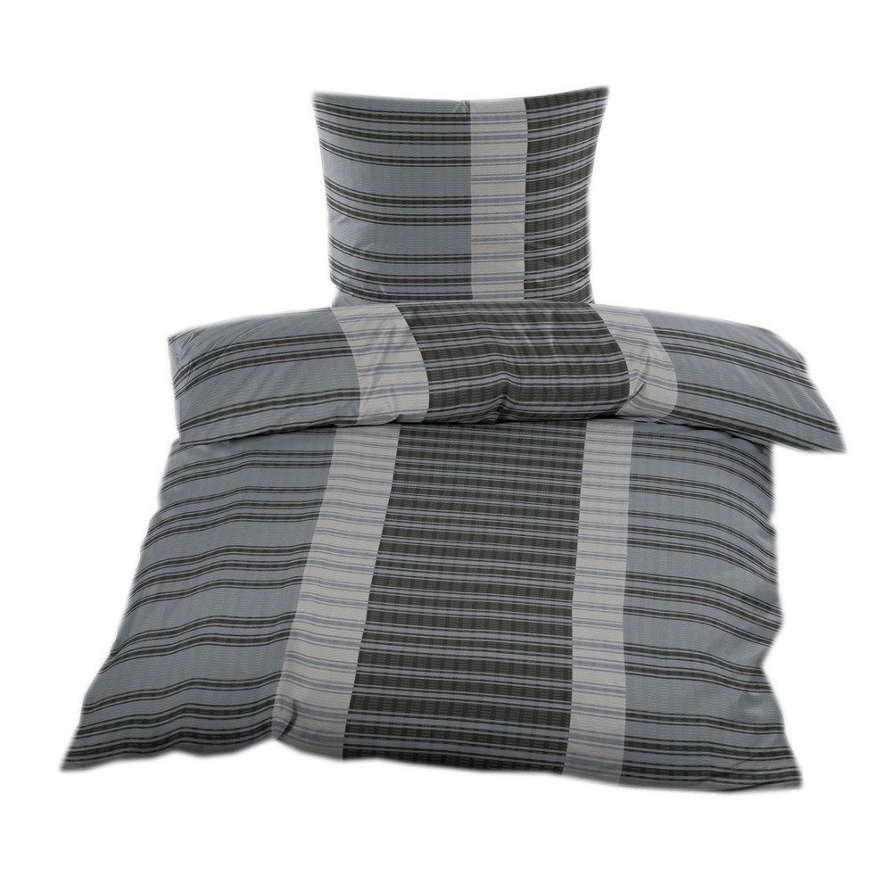 Casa Colori Bettwäsche Seersucker Garnitur 135x200 Reißverschluss Anthrazit Grau Gestreift, Seersucker, 2 teilig, leichte Bettgarnitur perfekt für den Sommer