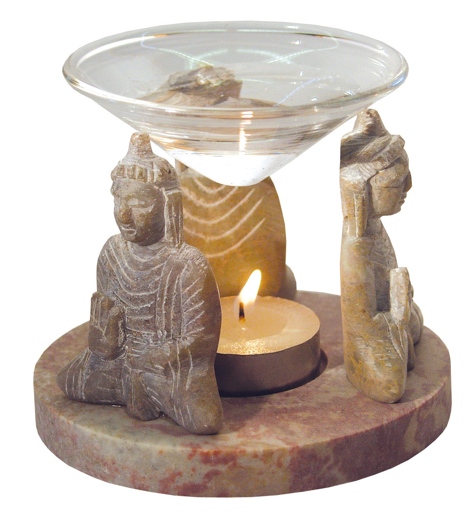 Saraswati Duftlampe Aromalampe "3 Buddhas" Speckstein 10x9cm günstig online kaufen