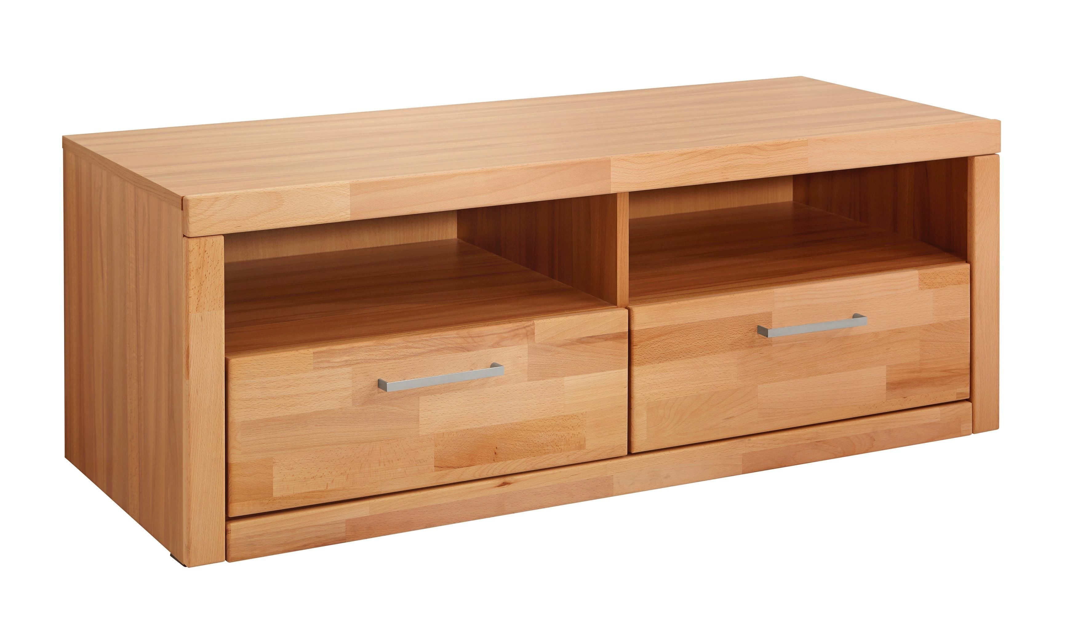 OTTO home Lowboard Logo,130cm breit,42 cm tief, Fronten Massivholz, Kabeldurchführung, Holz massiv, Holzwerkstoff, Metall Griffe,2 Schubladen