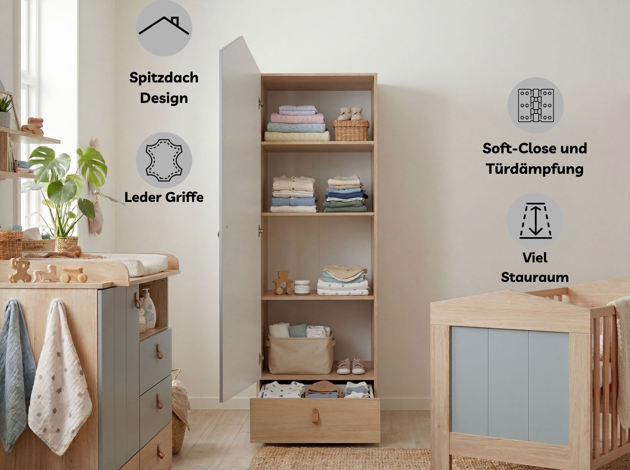 arthur berndt Babyzimmer-Komplettset Roofy, (Spar-Set, 3-tlg., Kleiderschrank, Wickelkommode, Babybett), Soft-Close / Türdämpfung, hochwertig, Rillenfräsung