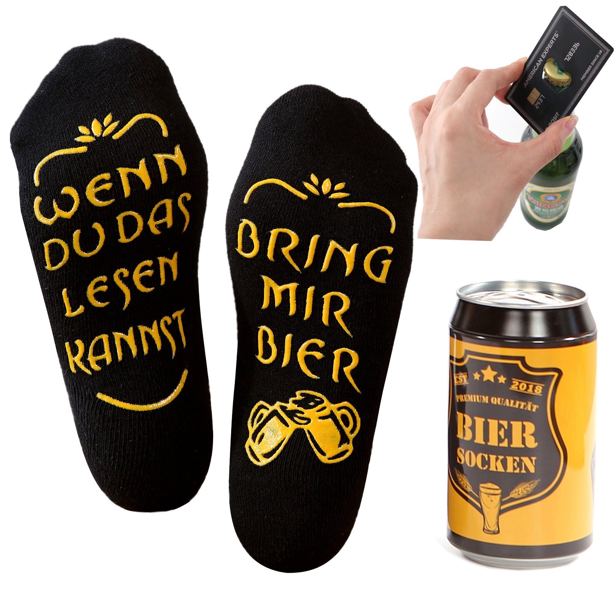 Lucadeau Freizeitsocken Bier Socken mit 1 bring Geburtstagsgeschenk Edelstahl Spruch Geschenke und Bier mir 38-44, Männer, Paar) Flaschenöffner, rutschfest, (Dose, für Gr
