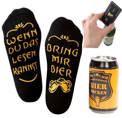 Lucadeau Freizeitsocken Bier Socken mit Spruch und Edelstahl Flaschenöffner, bring mir Bier (Dose, 1 Paar) rutschfest, Gr. 38-44, Geschenke für Männer, Geburtstagsgeschenk