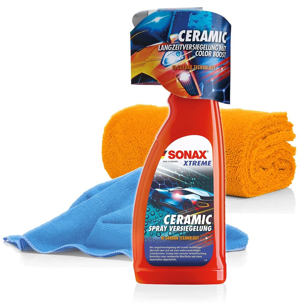 detailmate Reinigungs-Set SONAX XTREME Ceramic Spray Versiegelung Set + 2x Mikrofasertuch, (3-St), Coating Keramik Versiegelung für Autos